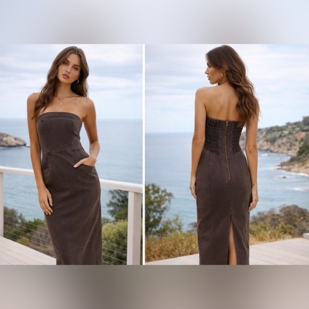 YFB Strapless Denim Midi Dress Women Small Chocolate Brown Smocked Back